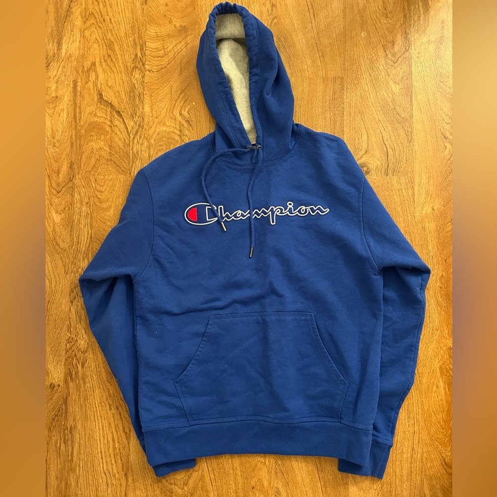 champion blue sweatshirt with hood size medium